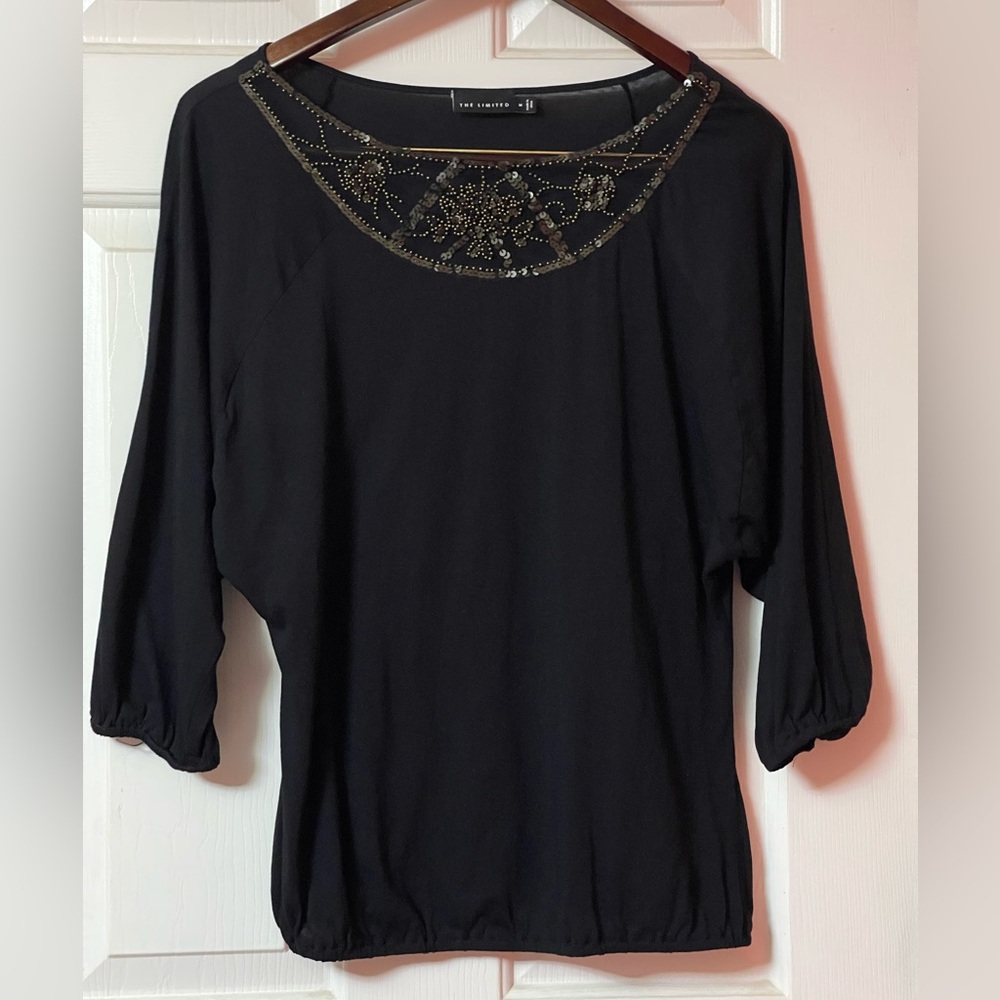 The Limited brand black top with sequins embroidery neck and dolman sleeved